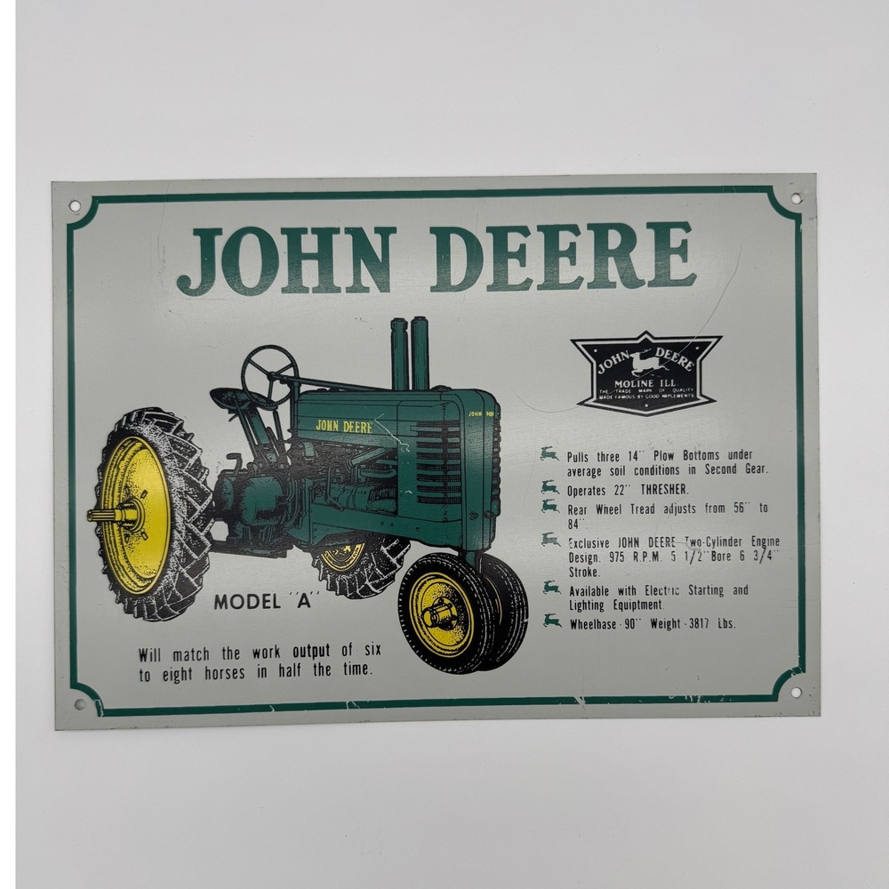 Vintage John Deere Model A Metal Advertising Sign Specs & Trademark 14"‎ x 10"